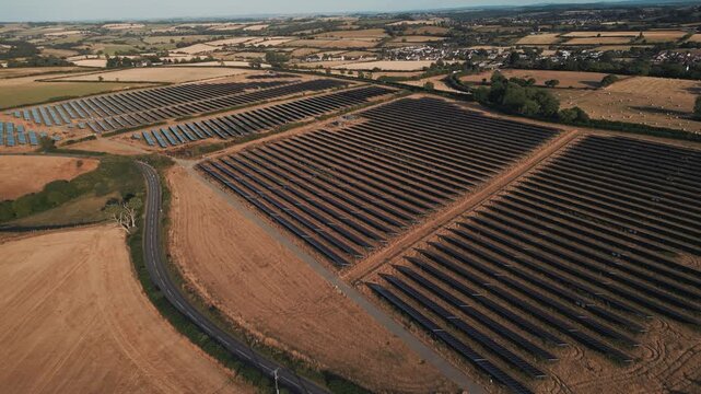 Aerial view of solar farm in field