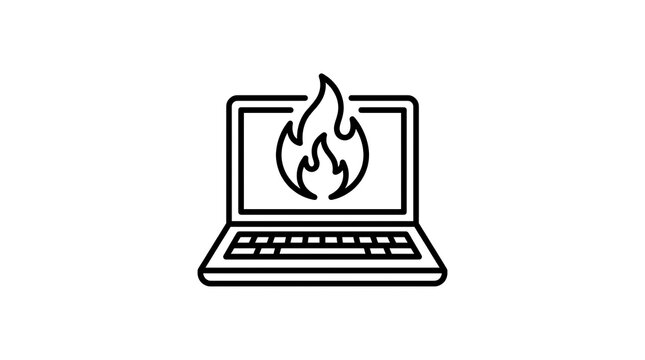Laptop computer icon with flame graphic symbol for high performance or overheating warning