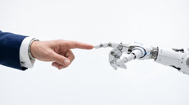 A human finger and a robotic finger touching, symbolizing artificial intelligence and human interaction