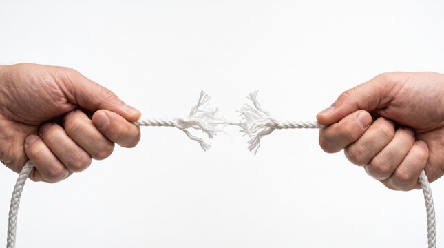 Two hands pulling a frayed rope, about to break, symbolizing tension or conflict.