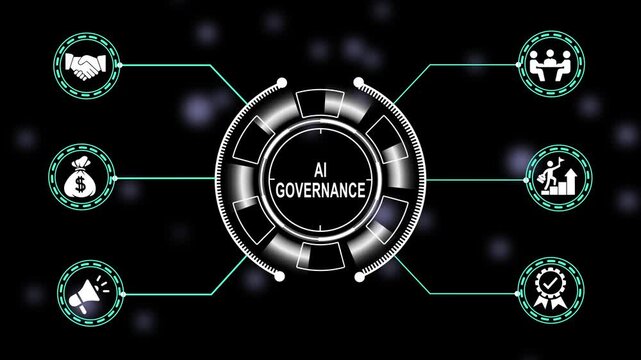 Ai governance concept animation featuring futuristic hud interface with business and strategic management on dark abstract background, for corporate technology, and innovation presentations