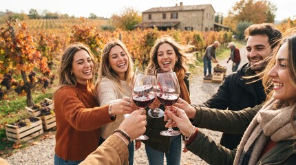 Fototapeta premium Happy Friends Toasting with Red Wine in Autumn Vineyard - Wine Tasting and Celebration at Winery with Rustic Villa Background