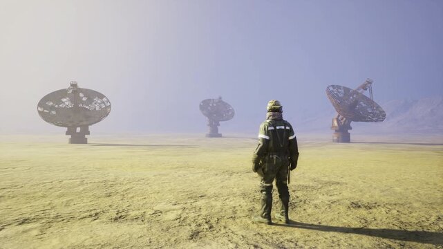 Lone explorer facing vast satellite array under warm golden light, textured ground and bulky suit with helmet, distant parabolic dishes angled toward sky,