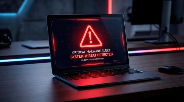 A laptop on a desk displays a red warning alert about critical malware and system threat detected.