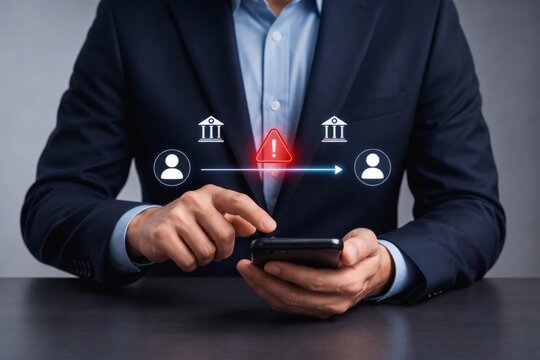 Financial transaction warning with smartphone and alert symbol representing peer to peer transfer risk and digital payment security.
