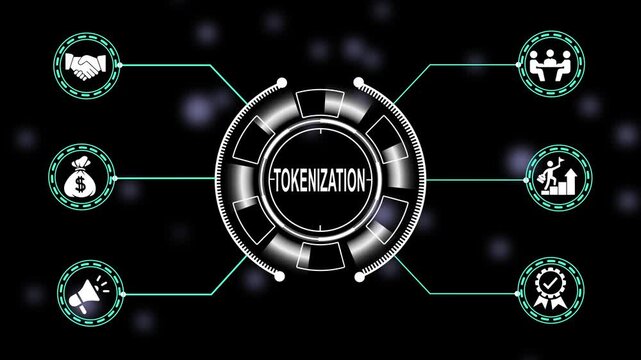 Dynamic tokenization hud animation with financial and futuristic ui for blockchain technology and cryptocurrency presentations describing decentralized digital assets