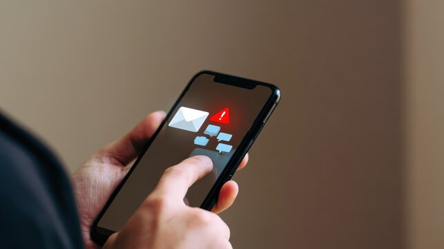 Person using a smartphone with a red alert notification icon on the digital screen