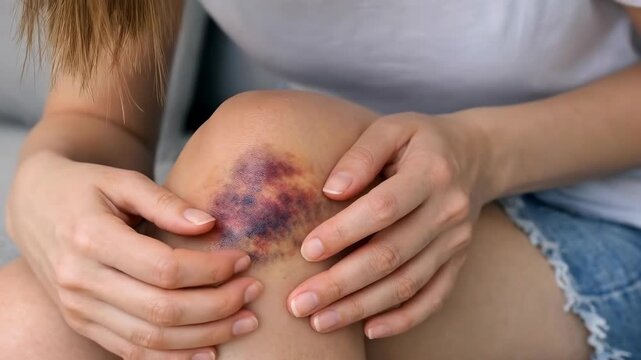 Close-up of a person's knee with a large dark bruise