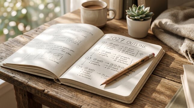 Open Notebook With Handwritten 2023 Planning Outline On A Cozy Sunny Wooden Table Desk Setup