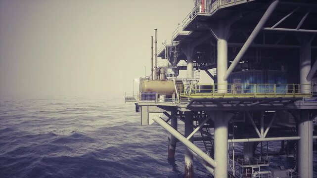 Oil rig walkway with safety barriers, bright caution markings and signage, guardrails and nonslip grating, inspection tags and checklist clipboard suggest