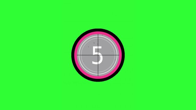 Ten-second countdown animation inspired by a classic film leader, featuring large numbers inside a circular target with rotating timing graphics on a bright green screen background