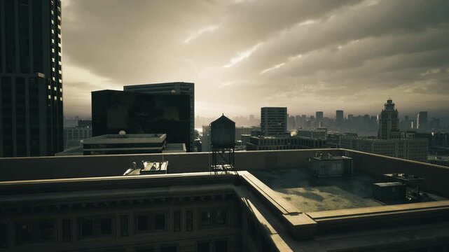 Gloomy San Francisco rooftop skyline dusk, low clouds drape city blocks, distant towers cut silhouette against brooding sky, vintage architecture in foreground,