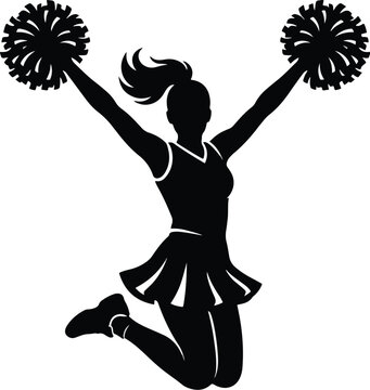 Cheerleader silhouette jumping with pom poms in a high energy athletic pose isolated on a plain white background
