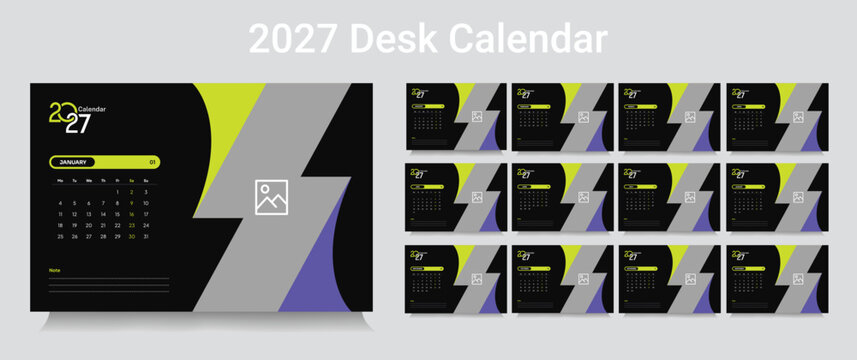 Customizable desk calendar 2027 template, corporate desk calendar schedule 2027 monthly 12-page planner layout, editable vector eps 10 file format