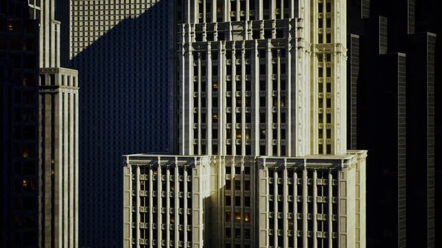 Harsh lighting creates dramatic cityscape contours. City architecture at sunset displays bold shapes enveloped in moody shadows and sharp contrasts
