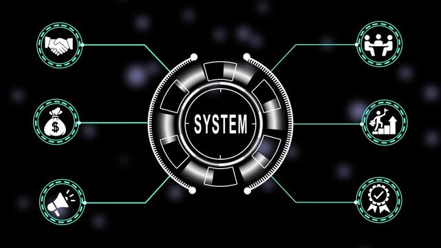 Innovative business system hud interface with digital connected to central network hub for corporate enterprise strategy, financial management, and modern technology integration