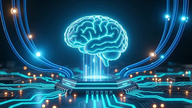 Glowing digital brain hovering over electronic circuitry animation for advanced artificial intelligence research video motion clip