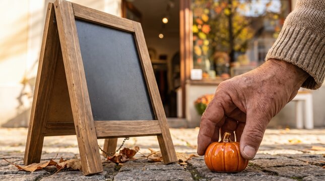 A hand places a small pumpkin on a cobblestone sidewalk next to a blank wooden chalkboard sign, with autumn leaves and a blurred outdoor setting in the background.