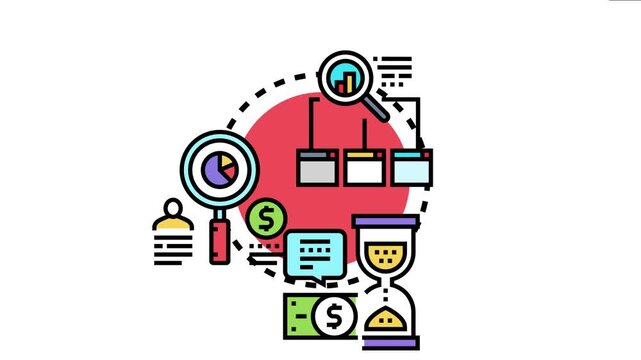 Business performing financial market profit margin analysis with magnifying glass, charts, money, and an hourglass for strategic planning and management
