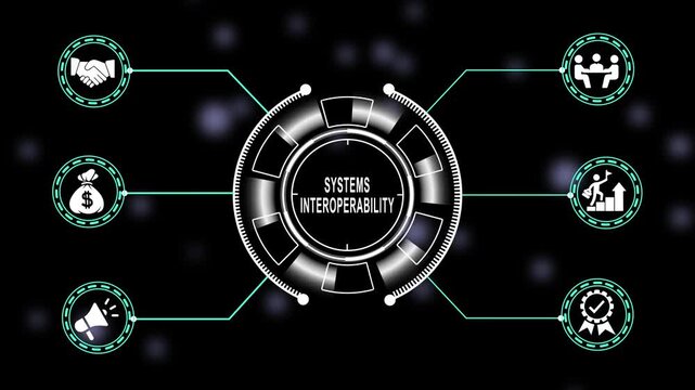Dynamic systems interoperability hud interface animation featuring connected corporate business futuristic hud and data integration for modern enterprise technology