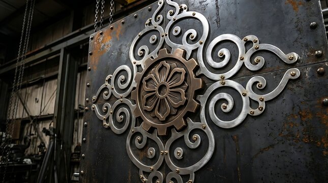 Ornate Metal Panel with Gear and Swirls in Workshop