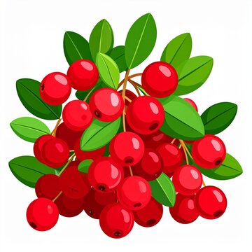 Vector illustration of ripe red cranberries with green leaves on a white background.