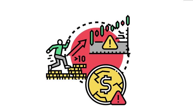 Market price correction concept risks and instability in financial trading, with a falling coin, a person climbing and a candlestick chart showing downward trends