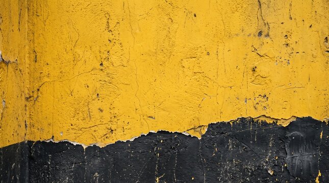 Abstract yellow and black grunge texture with peeling paint edge, distressed industrial surface, rough weathered wall background, dark damaged layer and urban decay design element