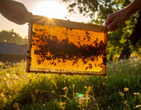 Beekeeper Hands Holding Honeycomb Frame with Swarm of Bees at Sunset