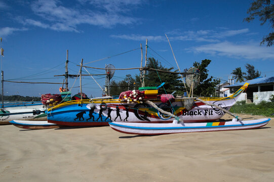 Traditional colorful fishing outrigger boats (Oruwa) anchored on the sandy beach of Weligama in Sri Lanka under a blue sky.