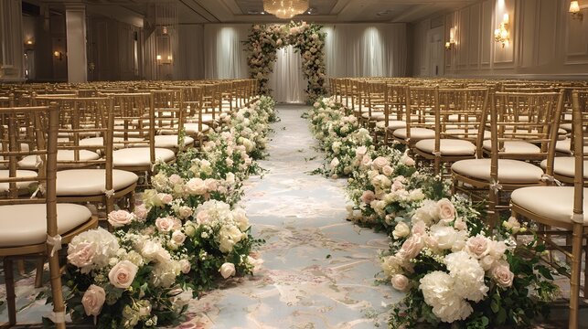 Elegant wedding ceremony aisle adorned with abundant floral arrangements and golden chairs