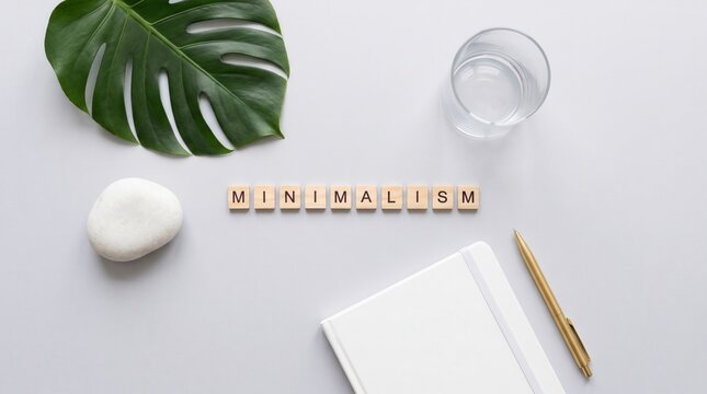 A minimalist workspace featuring a green leaf, white stone, glass of water, pen, notebook, and scrabble tiles spelling "MINIMALISM.