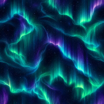 Aurora borealis seamless pattern with luminous flowing northern lights and atmospheric polar color ribbons