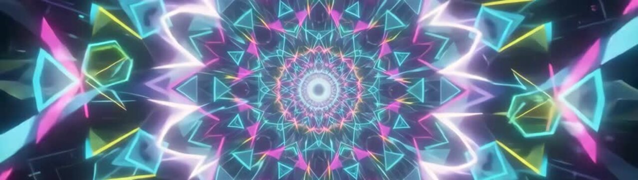 Psychedelic neon tunnel abstract geometric kaleidoscope motion background with glowing pink and blue light patterns for music festivals and vj loops.