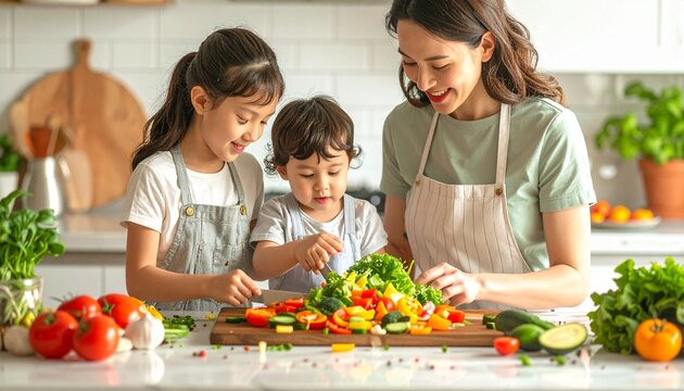 Mother and two children happily preparing fresh vegetables together in a bright kitchen.