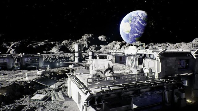 Mining convoy on lunar plain, heavy excavators and processing rig amid dust plumes, ore conveyors and robotic loaders, power reactors and comms arrays, gritty
