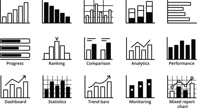 Collection of monochrome financial charts and graphs representing data analysis and business growth