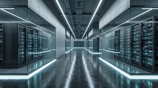 Modern High Tech Data Center Server Room Corridor with Advanced Cloud Computing Storage Arrays
