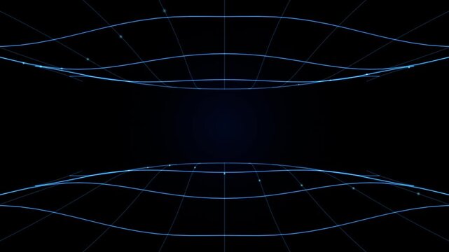 Animated futuristic glowing blue digital wireframe grid moving through dark sci fi cyber space