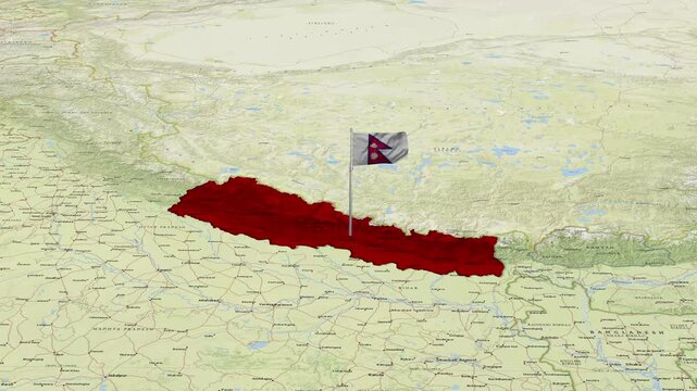 Nepal national flag waving over 3d map country motion footage