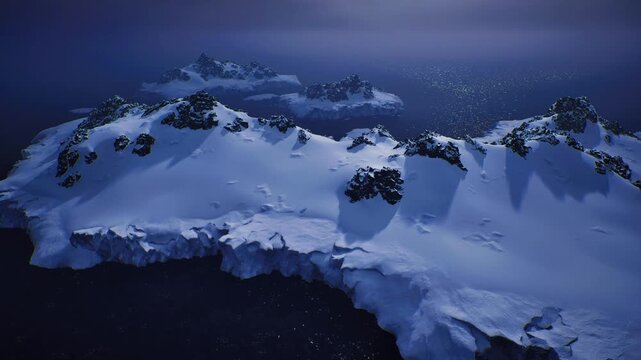 aerial coastal ridge with starlit shimmer, gentle twilight bathing rocky spine and snowfields, distant sea reflecting tiny luminous points, cinematic low light