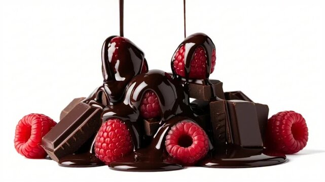 A rich, luxurious dark chocolate sauce is poured over fresh raspberries.