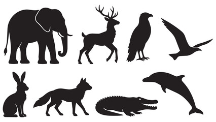 Obraz premium Wild Animal Silhouette Collection with Elephant Deer Wolf and Dolphin