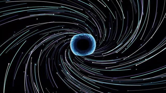 Futuristic cosmic black hole vortex with glowing blue event horizon and swirling particle light trail
