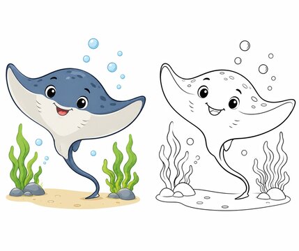 Cute cartoon stingray character for kids dot to dot activity isolated on white