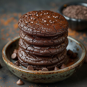 Crunchy deep brown chocolate cookies with extra sugar and nuts on blurred background