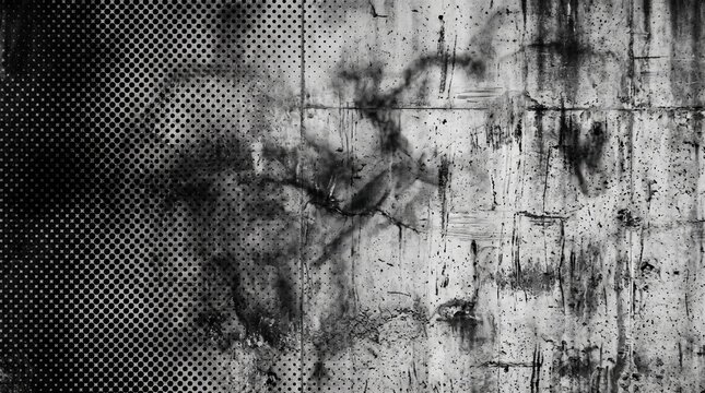 Dark grunge concrete wall with peeling stains and decayed texture in abandoned interior, monochrome industrial horror background with dramatic shadows and empty copy space