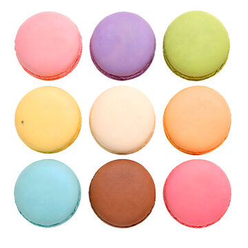 Nine Assorted Pastel Macarons in Neat Grid on Transparent PNG