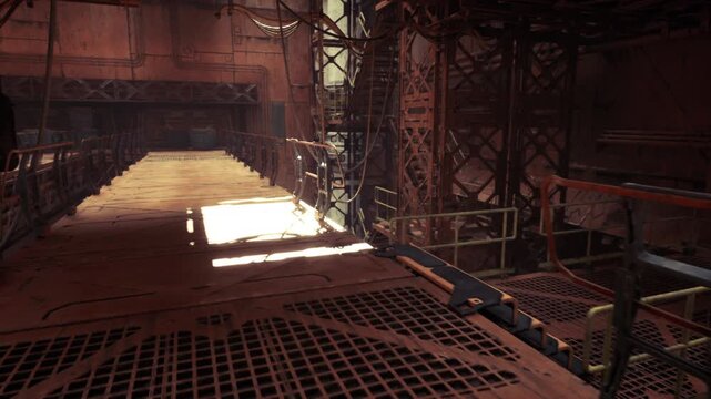 Sunlit industrial catwalk inside abandoned factory, metal grating and rusted beams bathed in warm light, long shadows creating dramatic perspective, layered