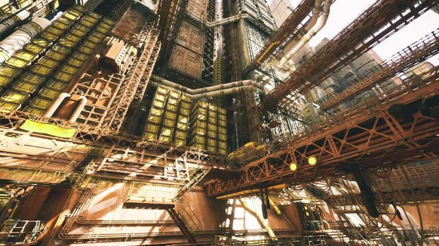 Sunlit refinery interior with walkway and elevated catwalks access ladders, valves and conduits glow in golden light, crisp shadows define industrial geometry,